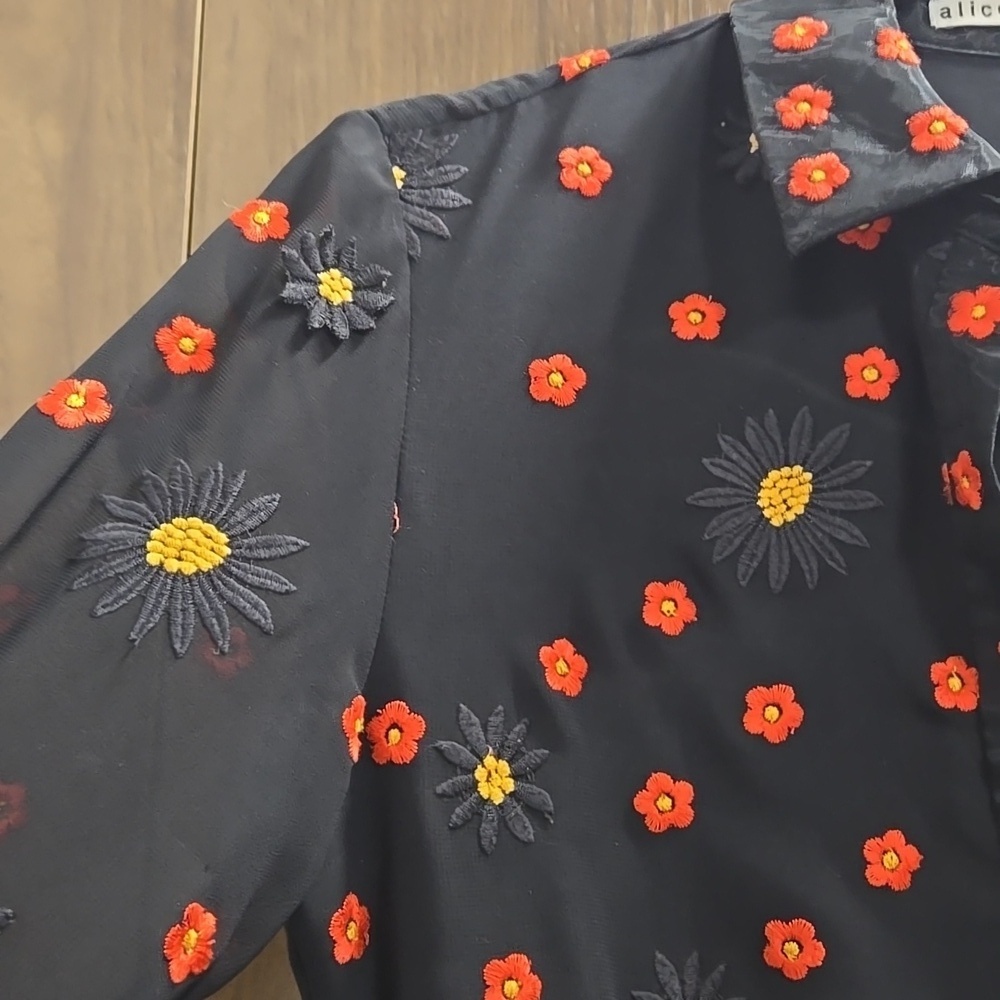 Alice + Olivia-"Enid" Floral Embroidered Appliqué Shirt Dress Black-Size XS - Picture 7 of 17